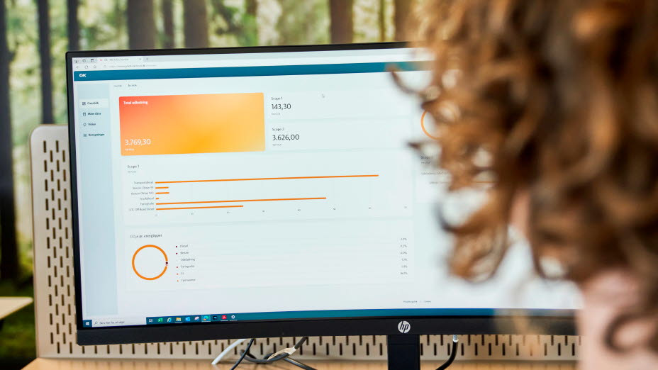 Kvinde sidder ved PC og kigger på Min ESG på skærmen